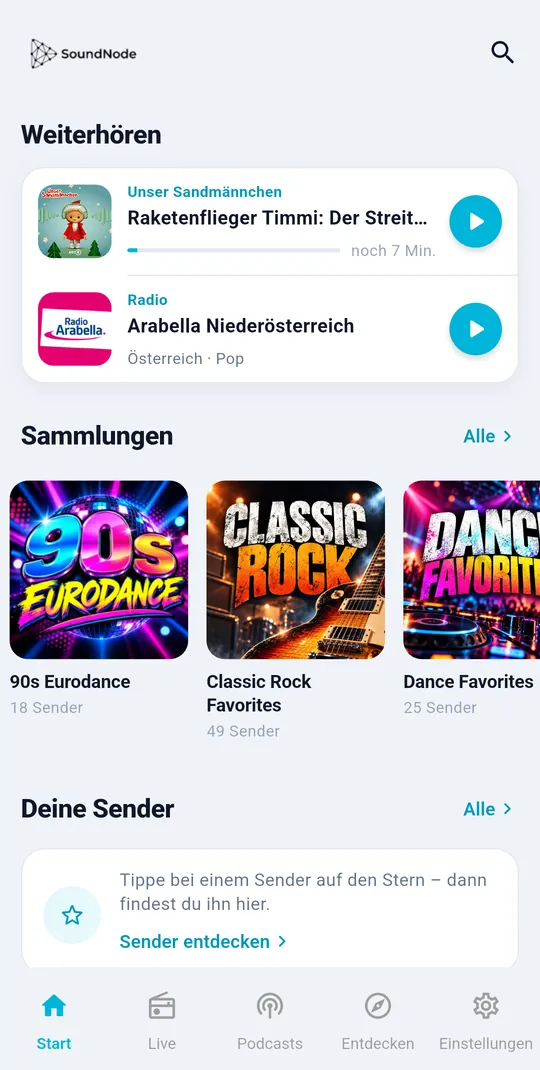 Start: Weiterhören, Sammlungen und deine Sender